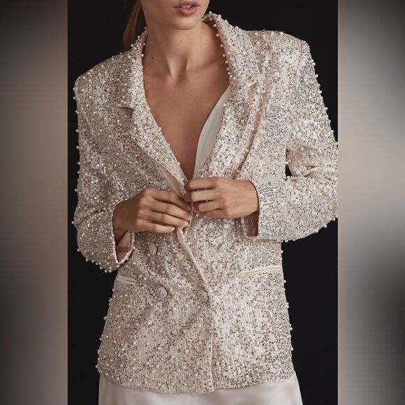 Anthropologie MABLE Pearl Sequin Mix Blazer / Size L - Picture 3 of 14